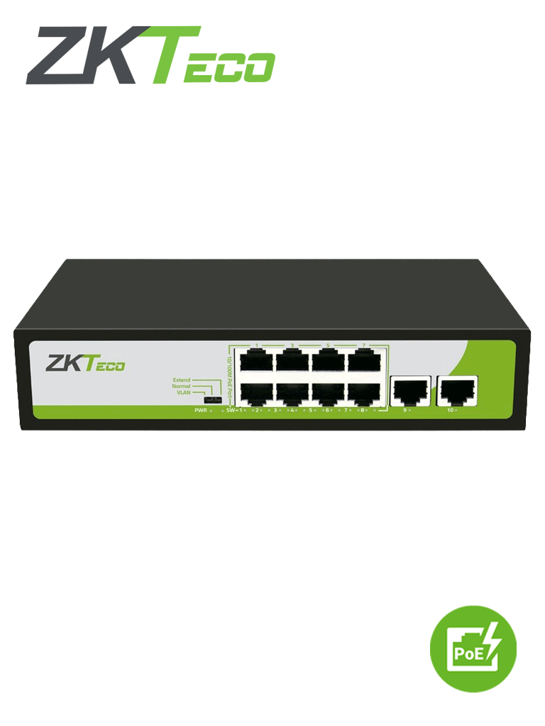 Imagen de ZKTECO PE082120C- Switch de 8 Puertos Fast Ethernet PoE AF - AT / 2 Puertos RJ45 10/100M / PoE+ hasta 30W por puerto / Soporta hasta 250 mts sobre UTP CAT 6 / Autoadaptación MDI - MDIX / Protección Contra Descargas