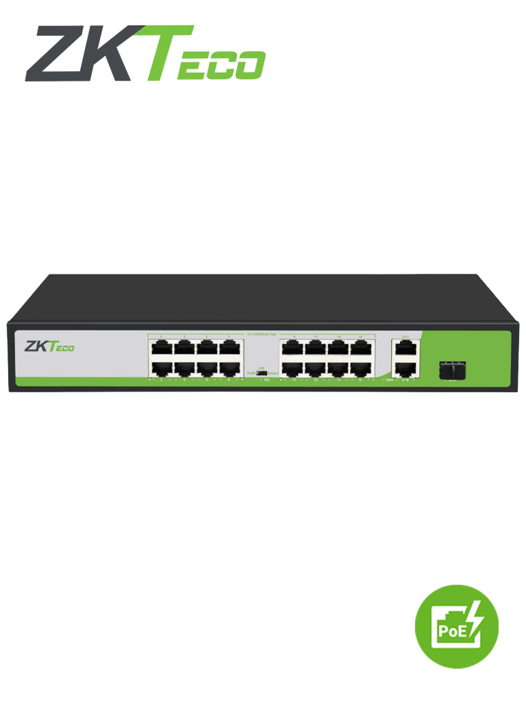 Imagen de ZKTECO PE162200C - Switch de 16 Puertos Fast Ethernet PoE AF - AT / 2 Puertos RJ45 10/100/1000M + 1 Puerto SFP 1G / PoE+ hasta 30W por puerto / Soporta hasta 250 mts sobre UTP CAT 6 / Autoadaptación MDI - MDIX / Protección Contra Descargas