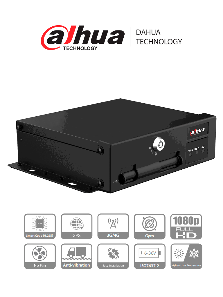 Imagen de DAHUA DHI-MXVR1004-GFI - DVR Móvil 4 Canales con Inteligencia Artificial 1080p, 4G, H.265, soporta 2 Tarjetas SD, DSM/ADAS/BSD, Comunicación 3G/4G. No incluye WiFi.