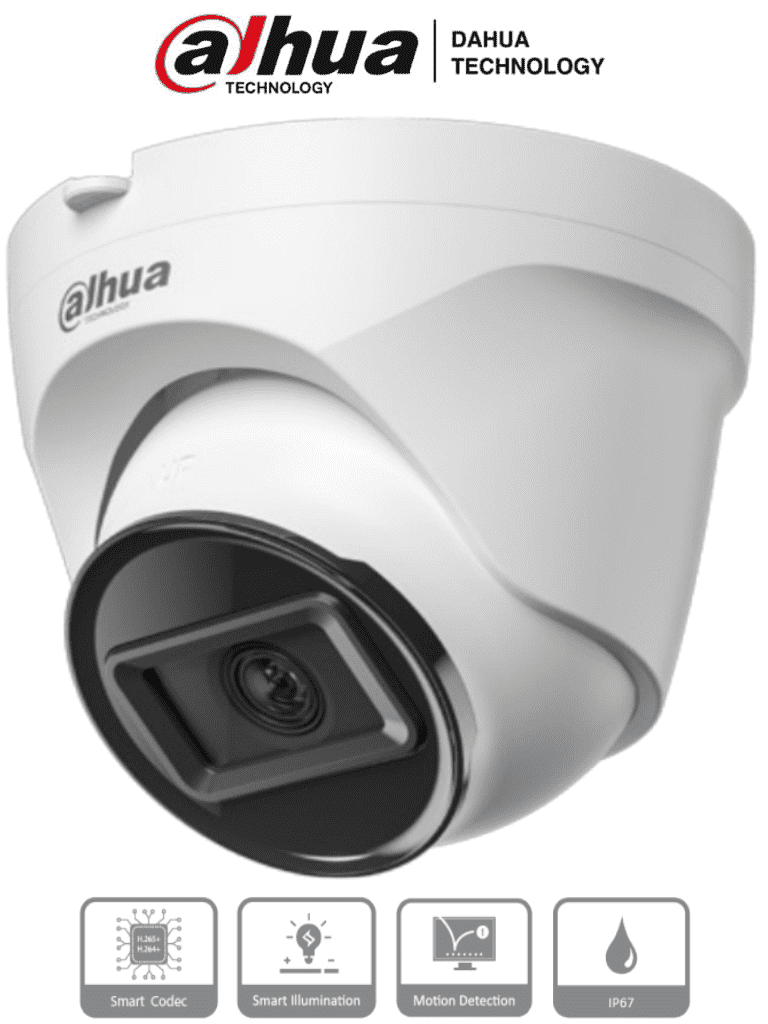 Imagen de DAHUA IPC-T1E20 - Camara IP Domo de 2 MP, lente de 2.8 mm y 99° de visión. Alcance IR de 30 m, protección IP67 y alimentación PoE. Funciones avanzadas: DWDR, 3D NR, HLC, BLC y compresión H.265+. Ideal para videovigilancia confiable.  .