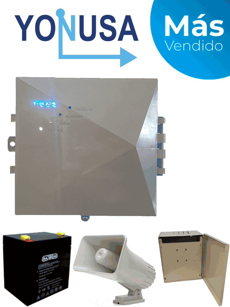 Imagen de YONUSA EYNG12001BAT - Energizador de nueva generación de12,000 V con hasta 2,500 metros lineales, compatible con modulo Wifi, incluye Sirena de 30W con gabinete metálico y batería de respaldo de 12VDC a 4.5 Ah 