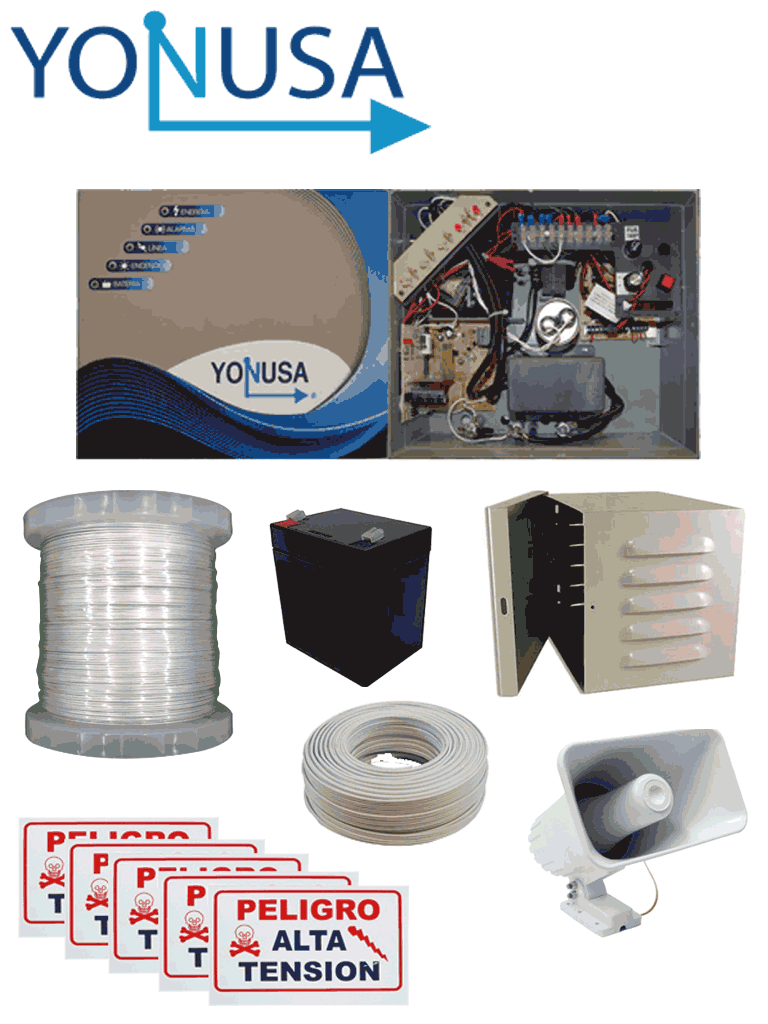 Imagen de YONUSA PACK127AF -Paquete de energizador de alta frecuencia con interface/ Sirena y gabinete metálico/ Bobina de alambre 500 mts/ Bobina cable bujía/ batería y 5 letrero