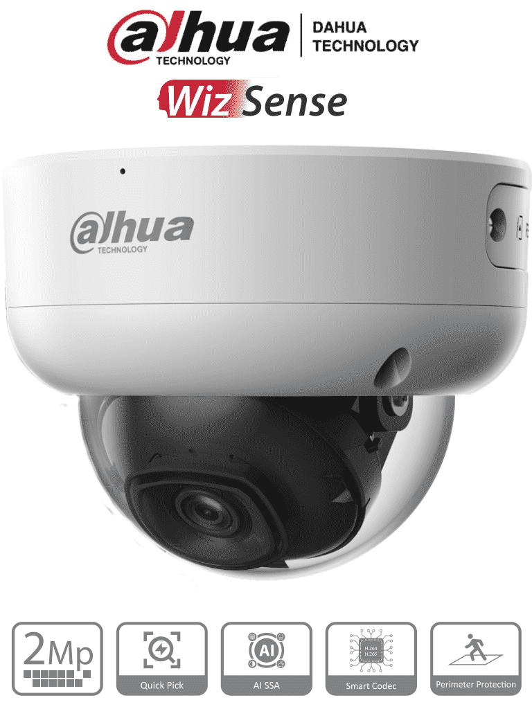 Imagen de DAHUA IPC-HDBW3241E-AS-S2 - Cámara IP Domo Antivandálica de 2 MP con lente de 2.8 mm y 107° de visión. Cuenta con WizSense, IR de 50 m, micrófono integrado, SMD 4.0, AI SSA, Quick Pick, protección IP67/IK10, PoE, WDR real, E/S de alarmas y ranura microSD.