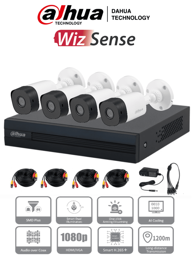 Imagen de DAHUA KITXVR1B04-I+4B1A21 - Kit de 4 Canales de 2 Megapíxeles DVR Cooper-I WizSense con IA, compresión H.265+, 4 cámaras B1A21 1080p,  4 canales + 1 IP o hasta 5 IP, SMD Plus, búsqueda de humanos y vehículos, incluye accesorios  