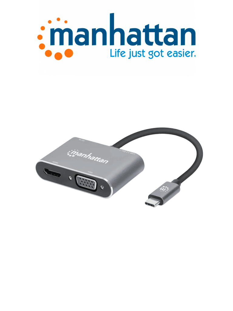 Imagen de MANHATTAN 130691 - Docking Station de USB-C a HDMI y VGA, 4 en 1, con suministro de energía USB 3.2 tipo C macho a HDMI (4K a 30 Hz), VGA (1080p a 60 Hz), USB-A (5 Gbps) y USB-C PD (87 W) hembra, carga de transferencia, aluminio, gris espacial