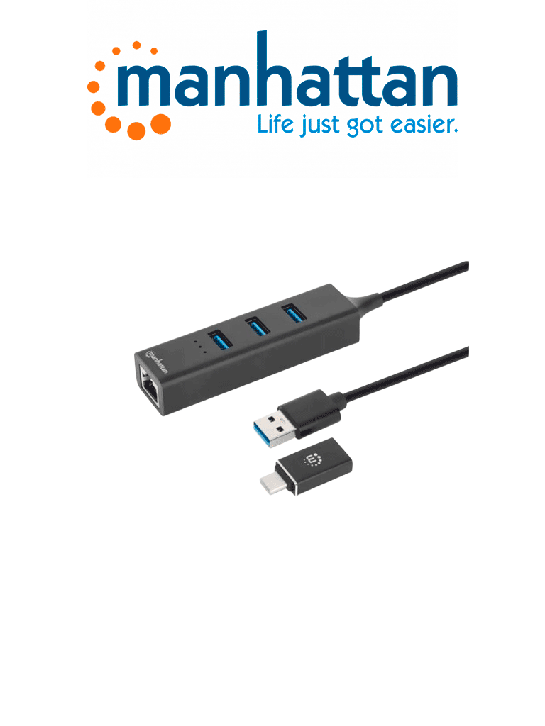 Imagen de MANHATTAN 180894 - Adaptador de Red GB USB A/C con Hub V3.2 / USB-A macho con acoplador USB-C macho a conector RJ-45 hembra y tres conectores USB-A de 5 Gbps de Súper Velocidad (USB 3.2 Gen1), alimentado por bus, negro