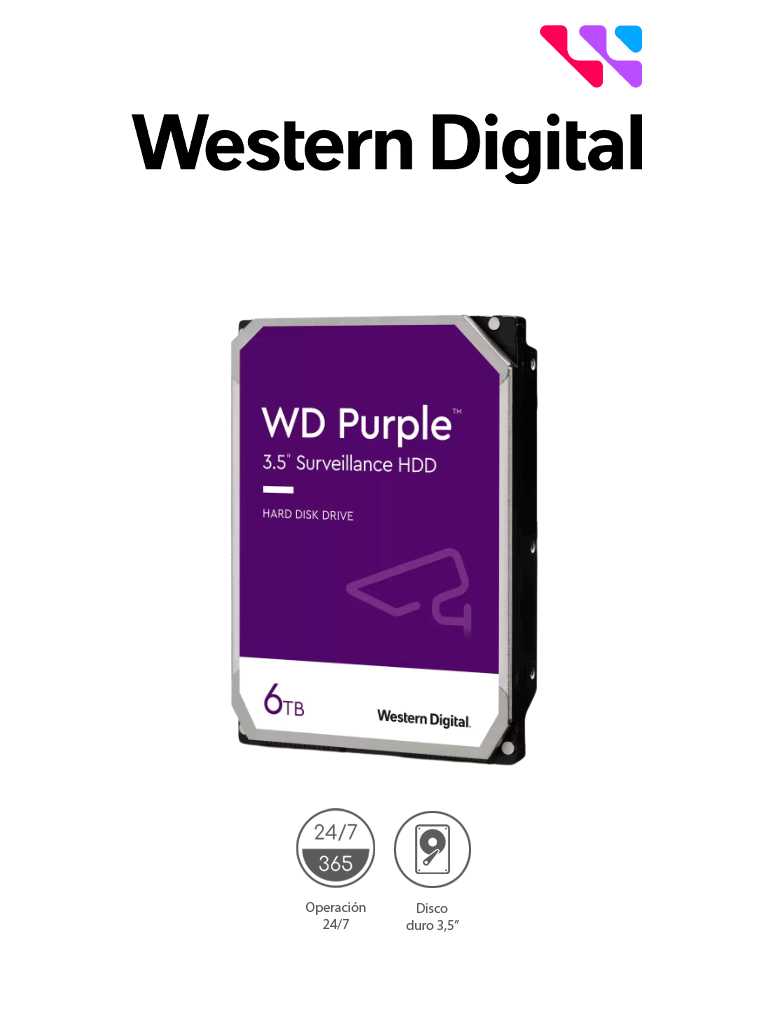 Imagen de  WESTERN DIGITAL WD64PURZ - Disco Duro de 6 TB Purple/ Especial para Videovigilancia/ Trabajo 24/7/ Interface: Sata 6 Gb/s/ Cache 256 MB/ Hasta 64 Cámaras/ Hasta 16 Bahías de Discos Duros/ 3 Años de Garantía/