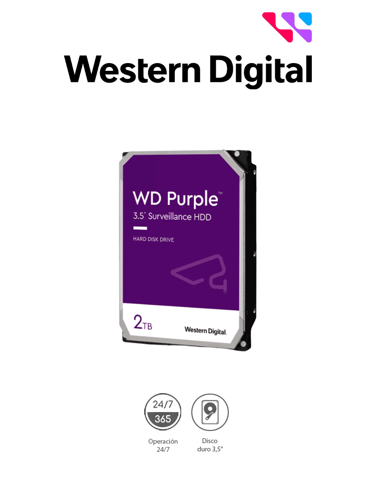 Imagen de WESTERN DIGITAL WD23PURZ - Disco duro de 2TB / Serie Purple para videovigilancia / Trabajo 24/7/ Interface: Sata 6 Gb/s/ Hasta 64 Cámaras/ Hasta 8 Bahías de Discos Duros/ 3 Años de Garantía 