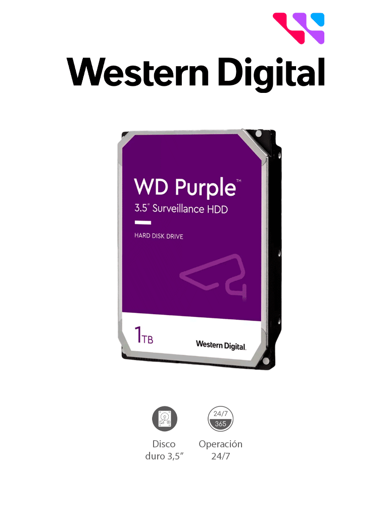 Imagen de WESTERN WD11PURZ - Disco Duro de 1TB Purple/ Especial Para Videovigilancia/ Trabajo 24/7/ Interface: Sata 6 Gb/s/ Hasta 64 Cámaras/ Hasta 8 Bahías de Discos Duros/ 3 Años de Garantía 