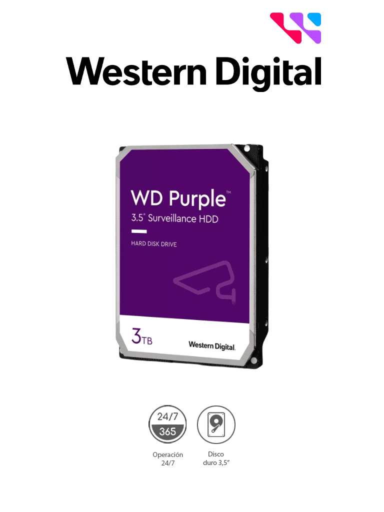 Imagen de WESTERN WD33PURZ - Disco Duro de 3TB Purple/ Especial para Videovigilancia/ Trabajo 24/7/ Interface: Sata 6 Gb/s/ Hasta 64 Cámaras/ Hasta 16 Bahías de Discos Duros/ 3 Años de Garantía / 6Gb/s