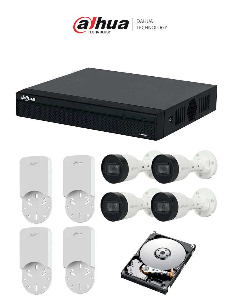 Imagen de DAHUA KITNVR1104HS-P+4C+4S 1TB- Kit IP de 4 canales con NVR con 4 puertos PoE, 1TB de almacenamiento, y 4 cámaras bullet de 2MP con clasificación IP67. Incluye caja de conexiones PFA12A de policarbonato resistente, ideal para exteriores. 