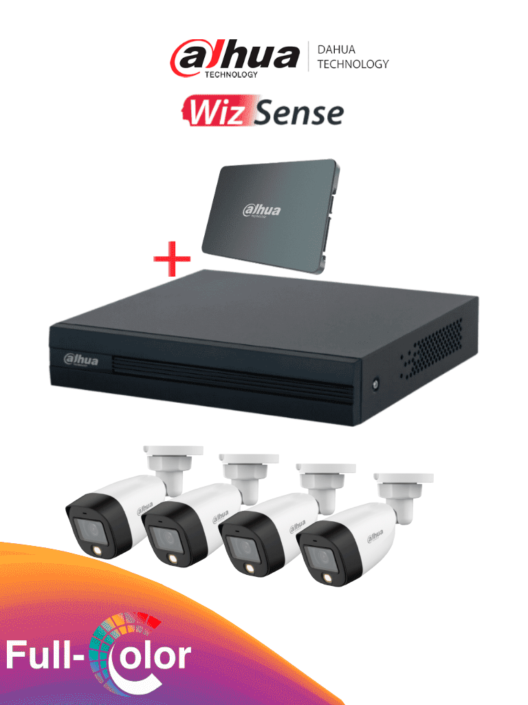 Imagen de Kit FullColor de 4 Canales con SSD de 512GB/ 4 Camaras Full Color de 2 Megapixeles con Microfono/ DVR Cooper-I WizSense/ Con IA/ 4 Ch+1 IP/ Accesorios Incluidos