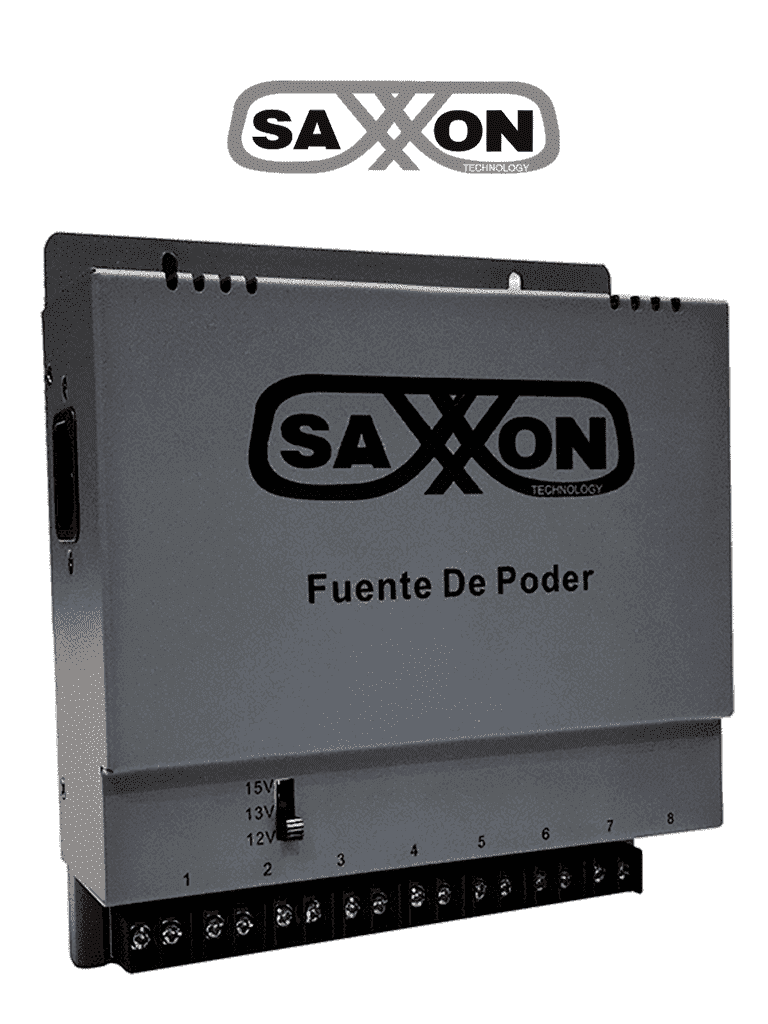 Imagen de SAXXON ENERGIA PSU1208A - Fuente de poder Regulable Metálica/ Conexión de Hasta 8 Canales/ Voltaje de Ajuste 12V 13V o 15V cc/Salida de Hasta 8 Amp en los 8 Canales Máximo 1 Amp por canal// Instalación en Pared