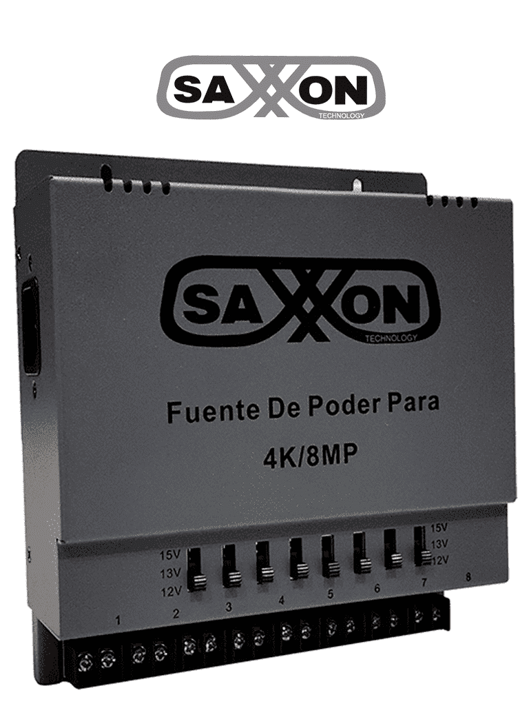 Imagen de SAXXON ENERGIA PSU1208A-4K - Fuente de poder Regulable Metálica/ Conexión de Hasta 8 Canales/ Voltaje de Ajuste 12V 13V o 15V cc/ Salida de Hasta 8 Amp en los 8 Canales Máximo 1 Amp por canal/ Instalación en Pared