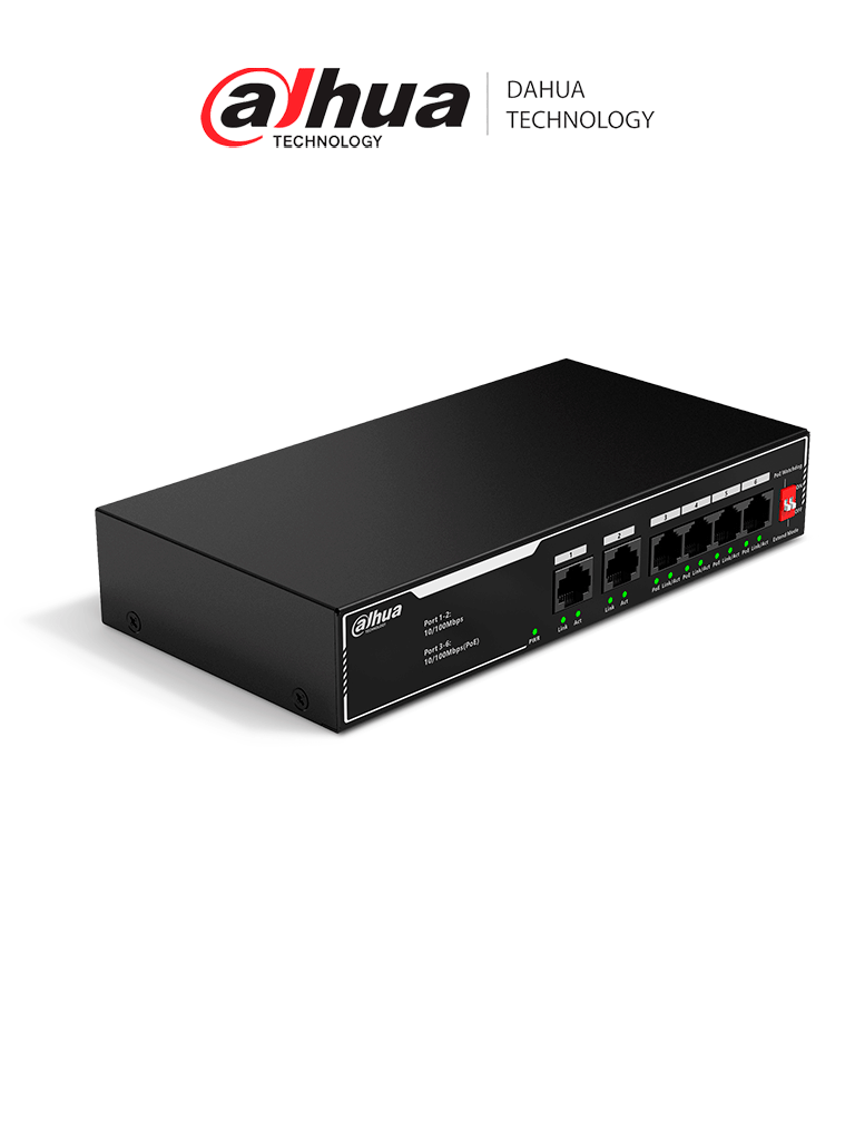 Imagen de DAHUA  DH-SF1006LP - Switch PoE de 6 Puertos Fast Ethernet/ 4 Puertos PoE 10/100/ 36 Watts Totales/ 2 Puertos Uplink RJ45 10/100/ PoE Watchdog/ Soporta hasta 250mts sobre UTP CAT 6/ Protección Contra Descargas/ 