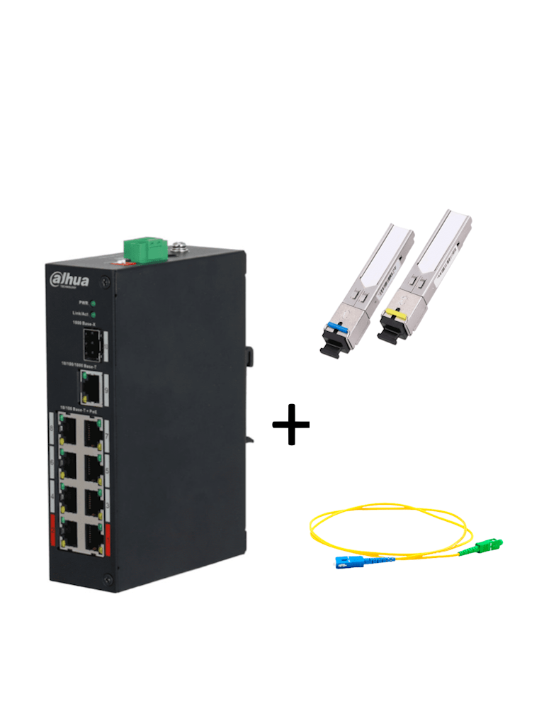 Imagen de DAHUA PFS3110-8ET-96PAQFIB - Paquete de Switch Poe 8 Puertos RJ45 y un Puerto SFP + Par de transceptor fibra óptica SFP monomodo para 5km + Jumper 2 Metros