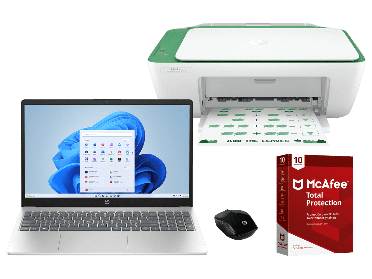 Imagen de Laptop HP 15-fd0017la + Impresora Multifuncional HP Deskjet Ink Advantage 2375 + Mouse HP200 + Mcafee, Windows 11 Home Single Language, 15,6", Intel®