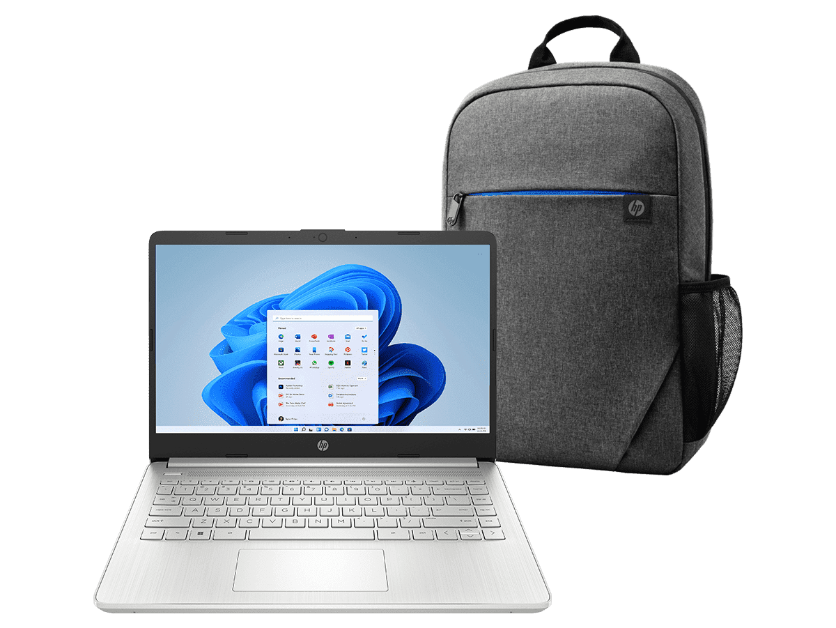 Imagen de Laptop HP 14-dq0531la + Mochila HP Prelude Inch Backpack de 15.6", 14", Windows 11 Home, Intel® Celeron®, 4GB RAM, 128GB SSD