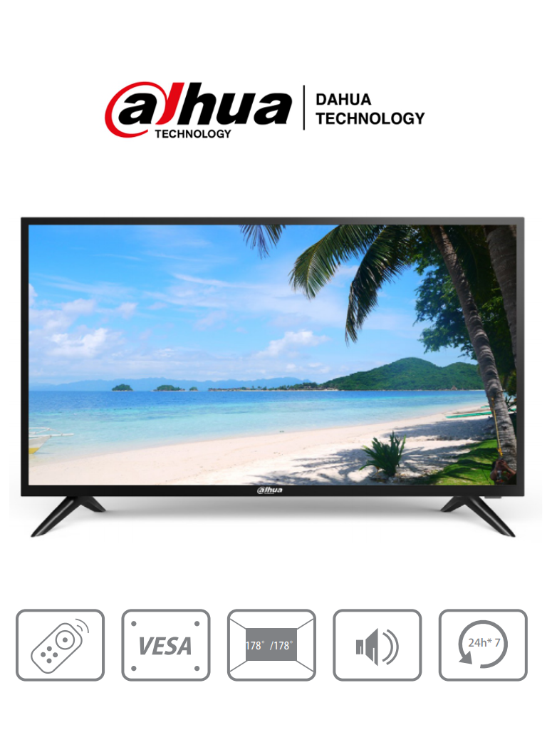 Imagen de DAHUA DHI-LM32-F200 - Pantalla FHD de 32 pulgadas con resolución 1920×1080, diseñada para uso 24/7. Ofrece 240 cd/m² de brillo, entradas HDMI, VGA, USB, altavoces integrados y control remoto. 