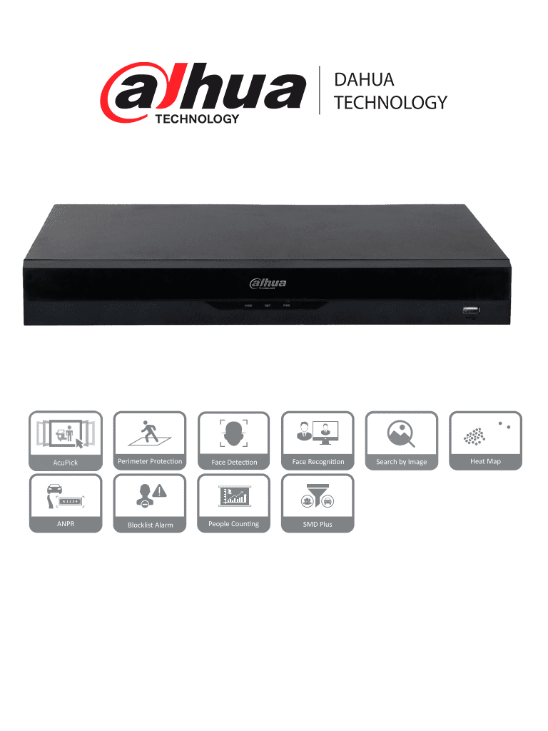 Imagen de DAHUA NVR5216-16P-EI  NVR IP WizSense de 16 canales 1U/ 16PoE/ 2HDD/ H.265+/H.265/ 384 Mbps/ AcuPick / N+M cluster/   IA por grabador: FD y FR /Protección perimetral/ SMD Plus 