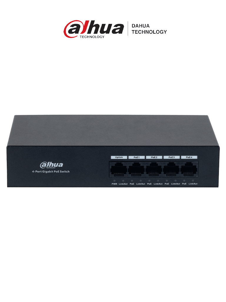 Imagen de DAHUA DH-PFS3005-4GT-36 - Switch con 4 puertos Gigabit PoE y 1 puerto RJ45 10/100/1000 Mbps. Ofrece protección contra descargas eléctricas, ideal para alimentar dispositivos IP. Incluye fuente de poder integrada/ 