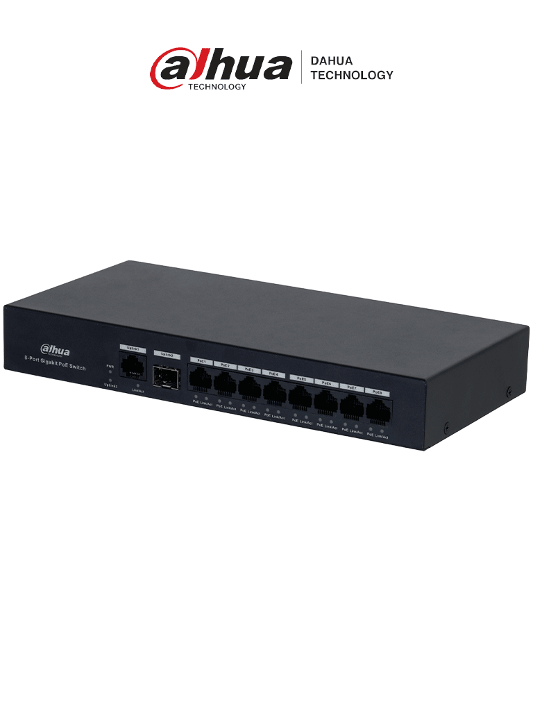 Imagen de DAHUA DH-PFS3110-8GT-65 - Switch PoE inteligente con 8 puertos Gigabit, 60W de potencia total y switching de 20 Gbps. Ideal para alimentar y conectar dispositivos IP con protección contra descargas eléctricas.