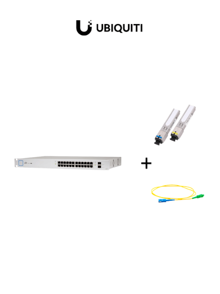 Imagen de UBIQUITI US24250WPAQFIB - Paquete de Switch Poe 24 Puertos RJ45 y 2 Puertos SFP + Par de transceptores de fibra óptica SFP monomodo hasta 5km + Simplex 2 mm de 2 Metros 