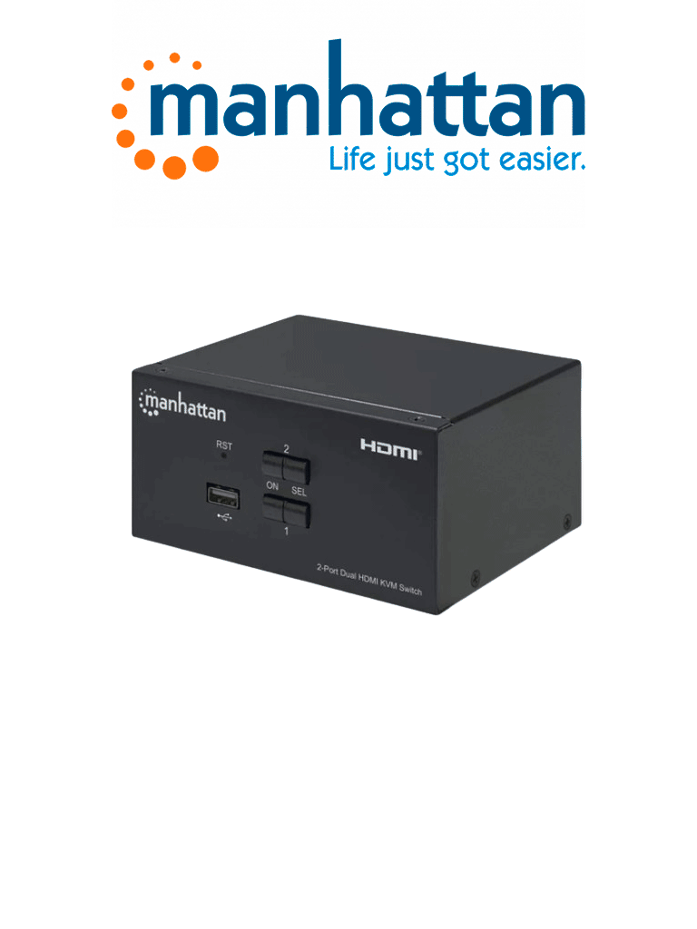 Imagen de MANHATTAN 153522 - Switch KVM HDMI de 2 puertos para dos monitores / Conexiones HDMI de doble pantalla, 4K@30Hz, conexiones USB, conexiones de audio y micrófono de 3.5 mm, hub USB 2.0, negro (Sobre Pedido)