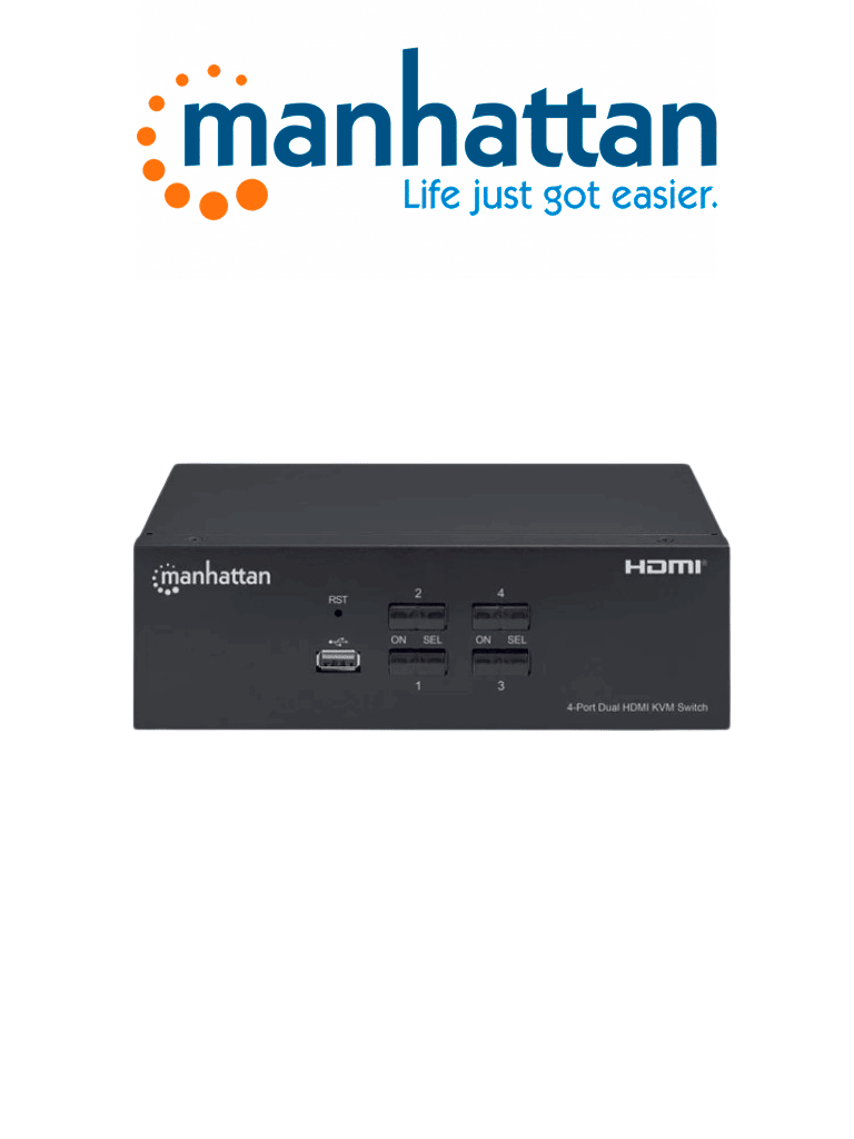 Imagen de MANHATTAN 153539 - Switch KVM HDMI de 4 puertos para dos monitores / Conexiones HDMI para dos monitores, 4K@30Hz, conexiones USB, conexiones de audio y micrófono de 3.5 mm, hub USB 2.0, negro