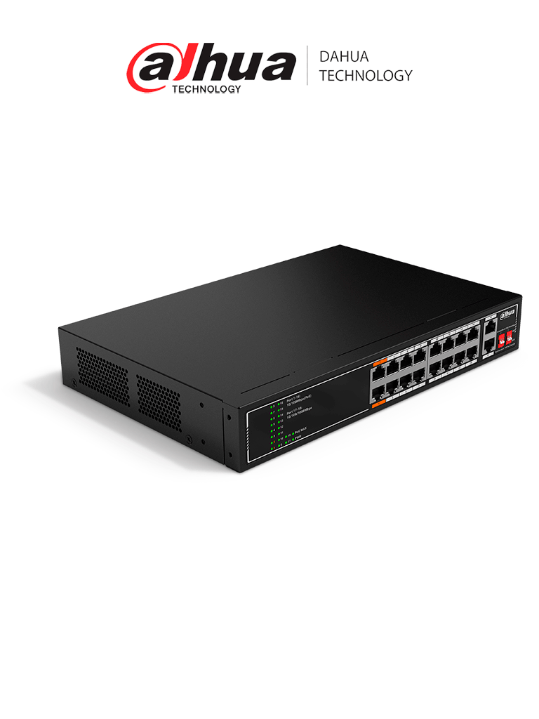 Imagen de DAHUA SF1018LP - Switch PoE de 18 Puertos/ 135 Watts Totales/ 16 Puertos PoE 10/100/ 2 Puertos Uplink 10/100/1000/ Switching 7.2 Gbps/ Compatible con Standares:IEEE802.3af; IEEE802.3at; Hi-PoE/  PoE Hasta 250 Metros/ 