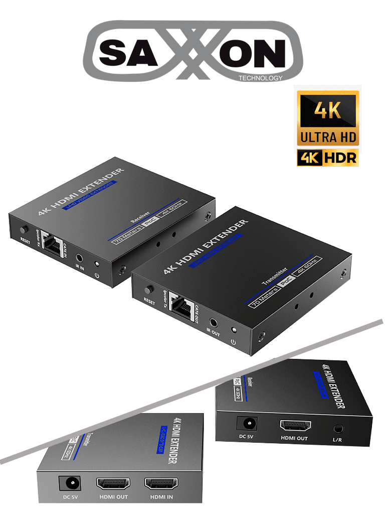 Imagen de SAXXON LKV565P- Kit extensor HDMI de 2 Puertos/ Hasta 70 metros Con Cable CAT6/ 6A/ 7/ Resolución 4K @ 60Hz/ Transmisor IR/ Plug and play/ Soporta HDR/ Cero Latencia