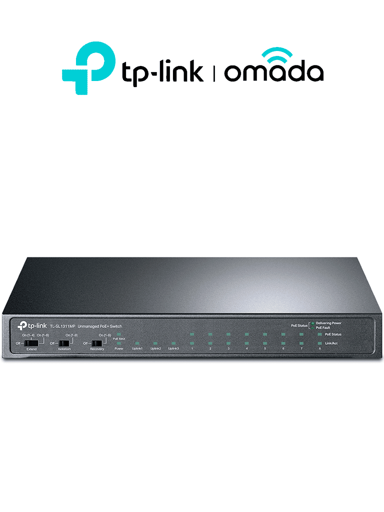 Imagen de TP-LINK - TL-SL1311MP / Switch de Escritorio No Administrable 11 Puertos / 8 puertos 10/100Mbps RJ45 POE+/ 2 Puertos 10/100/1000 RJ45 / 1 Puerto Gigabit SFP / 8 puertos POE+ / 124 Watts totales /  POE Hasta 100m / Modo Extendido Hasta 250m