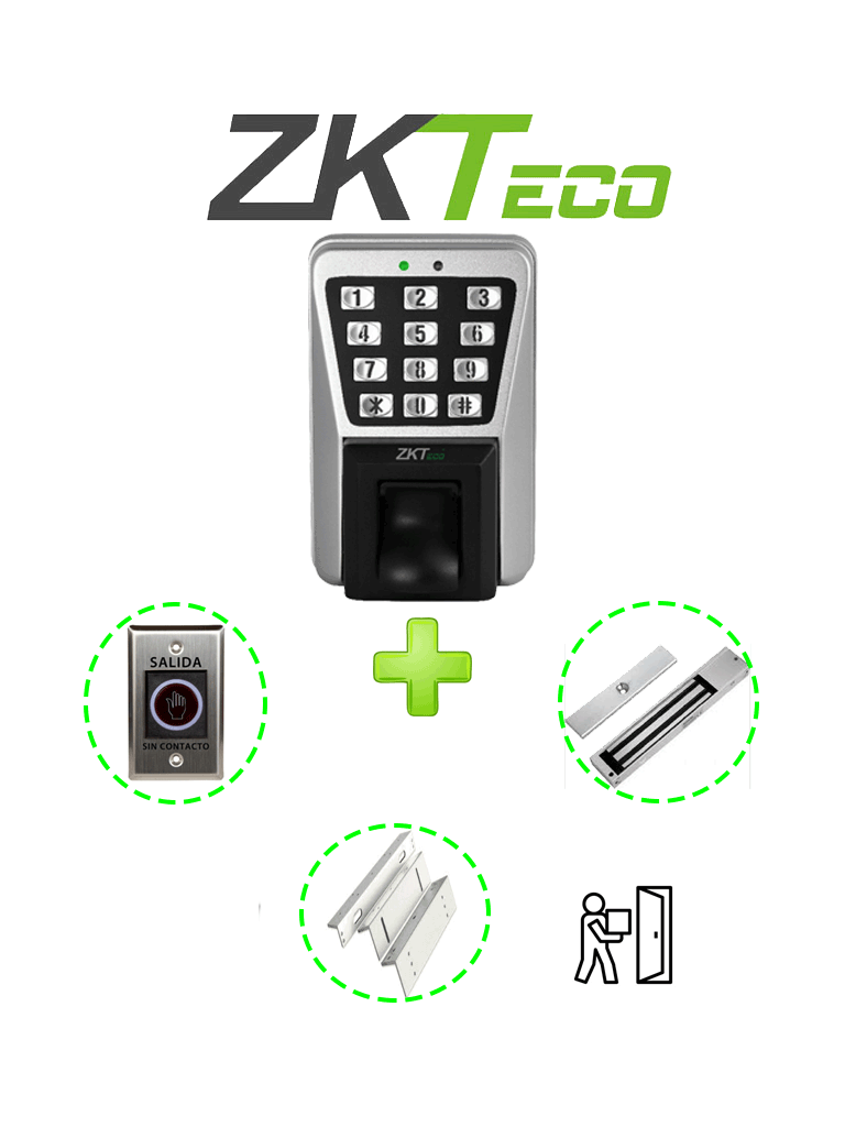 Imagen de ZKTECO MA500PAK - Control de Acceso Profesional de Huella / Tarjeta y Password para Exterior con IP65 /  Incluye Contrachapa Magnética LM2805 de 200Kg / Soporte de Fijación ZL / Botón de Salida No Touch