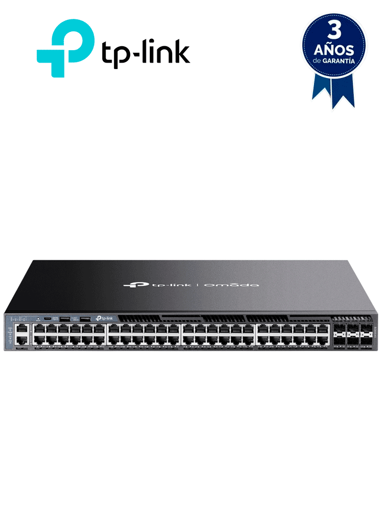 Imagen de  TP-LINK SG6654X- Switch Omada L3 Stackable de 48 puertos RJ45 Gigabit y 6 puertos SFP+ 10G , Stacking físico , Funciones L3 Enterprise. RIP, OSPF, ECMP, VRRP, PIM-DM, DHCP Server/Relay , Alta disponibilidad , VRRP y ERPS , Interfaz WEB , CLI , SNMP.