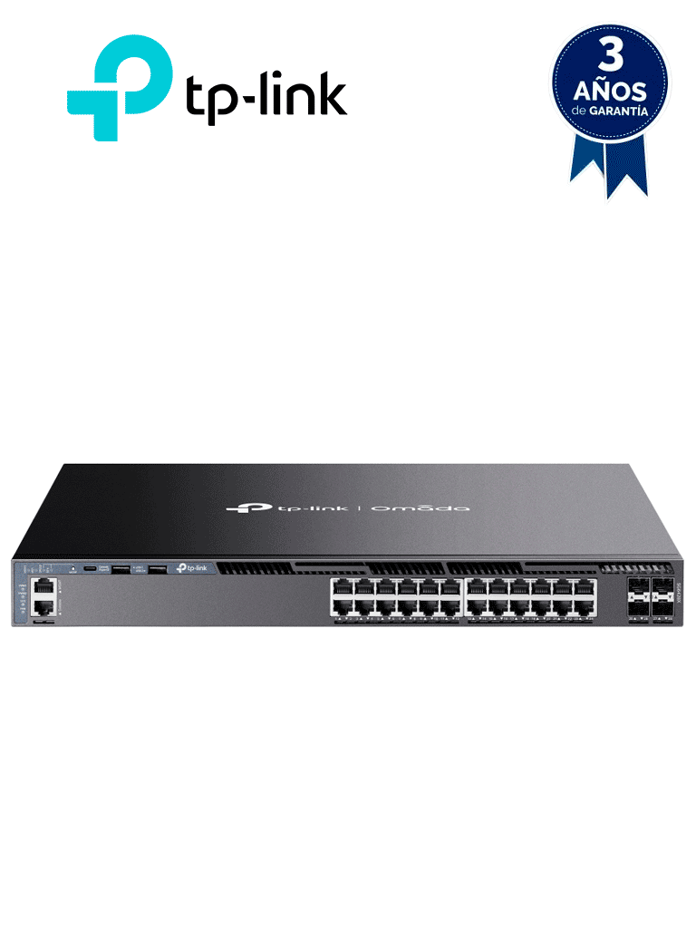 Imagen de TP-LINK SG6428X - Switch Omada L3 Stackable de 24 puertos Gigabit y 4 puertos SFP+ 10G , Stacking físico , Funciones L3 Enterprise. RIP, OSPF, ECMP, VRRP, PIM-DM, DHCP Server/Relay , Alta disponibilidad , VRRP y ERPS , Interfaz WEB , CLI, SNMP y RMON.