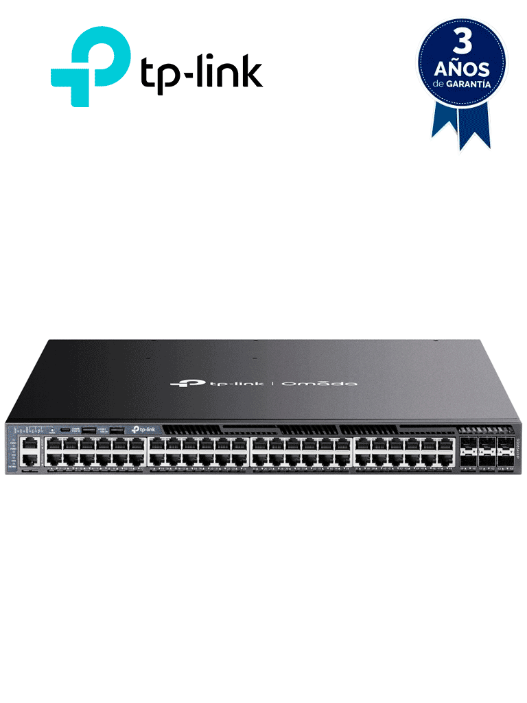 Imagen de TP-LINK SG6654XHP - Switch Omada L3 Stackable de 48 puertos POE+ Gigabit y 6 puertos SFP+ 10G , 1440W , Stacking físico , Funciones L3 Enterprise. RIP, OSPF, ECMP, VRRP, PIM-DM, DHCP Server/Relay , Alta disponibilidad , VRRP y ERPS , Interfaz WEB , CLI.