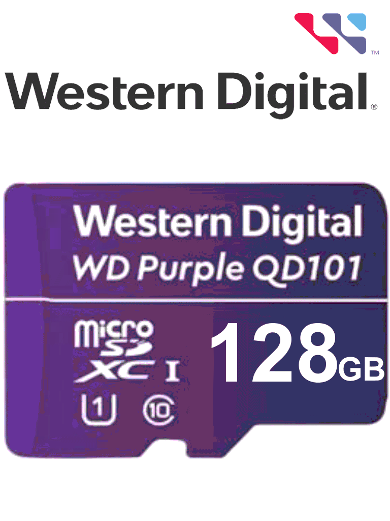 Imagen de WESTERN WDD128G1P0C- Memoria de 128GB Micro SDXC/ Linea Purple/ Clase 10 U1/ Lectura 50MB/ Escritura 40MB/ Especializada para Videovigilancia 